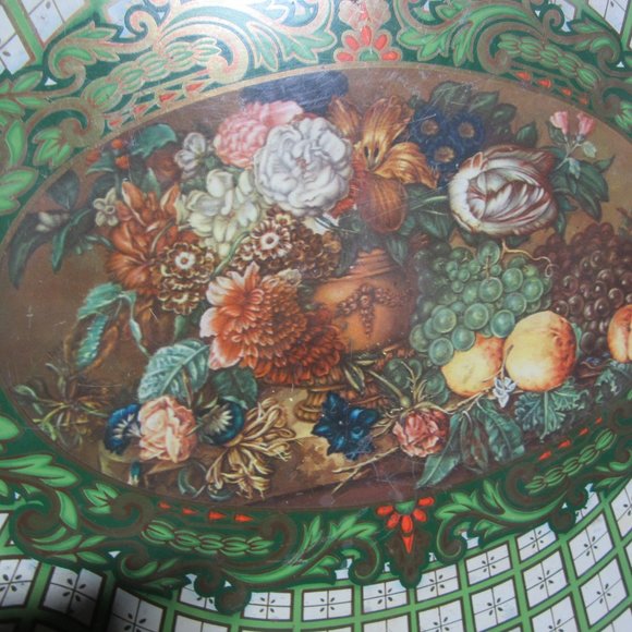 VTG 1971 DAHER OVAL LARGE TRAY, GREEN DESIGN EDGE W/FLORAL & FRUIT CENTER - Picture 2 of 5